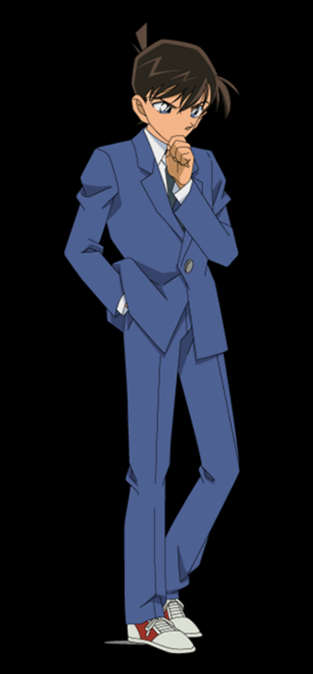 A high schooler with short brown hair in a school uniform that comprises of a blue suit, white undershirt, a tie, and red and white shoes, standing in a thinking pose.